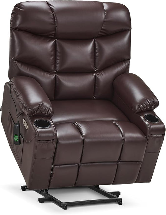 MCombo Oversized Power Lift Recliner Chair with Extended Footrest, Extra Wide for Big and Tall Elderly People, Faux Leather R7289 (Dark Brown, Medium-Wide)