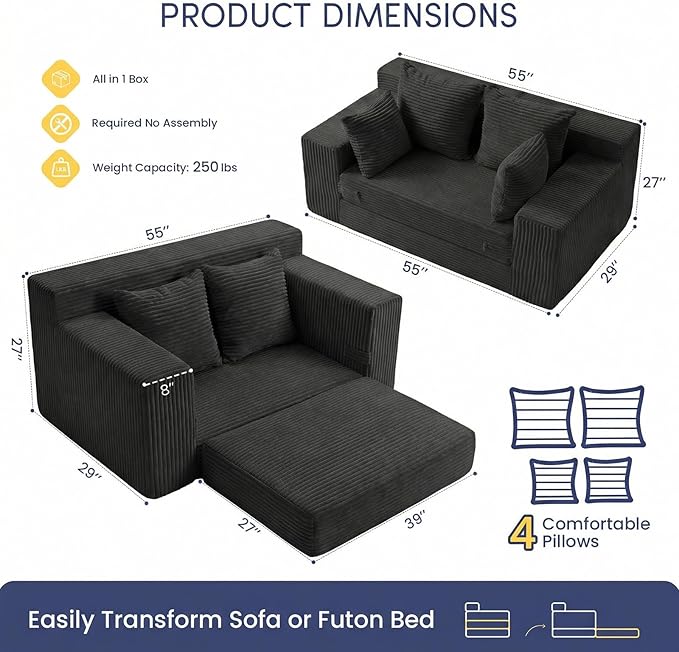 cidludto Boneless Couch Loveseat Sleeper, Convertible Sofa Bed Folding Couch Bed Foldable, 2 in 1 Boneless Chair Bed & Futon Sofa Bed, Small Pull Out Sofa with 4 Pillows for Living Room, Black