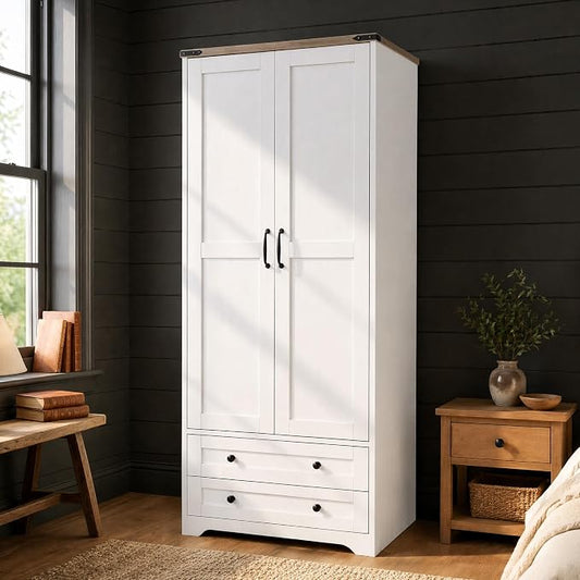 Yechen 71" Wooden Armoire Wardrobe Closet - Modern Functional Clothes Tall Storage Cabinet with Adjustable Shelf and Hanging Rail, Sturdy Freestanding Closet Wardrobe with 2 Wide Drawers for Bedroom