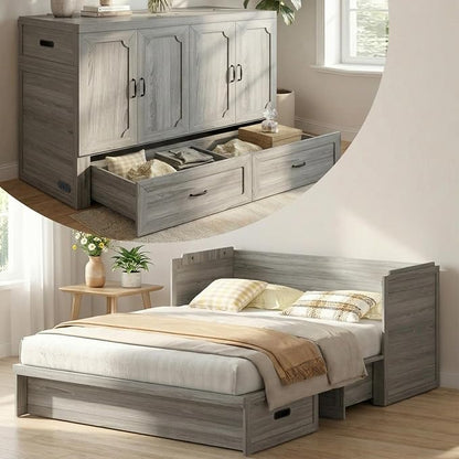 CECER Queen Murphy Bed with Mattress for Small Space/Guest-Grey | Large Storage Drawer ＆ Built-in Multi-Port Charging Station，Space Saving ＆ Easy Assemble and Conversion