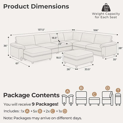 SITJOY Large Cloud Couch, 138" Wide 6 Seater V Shape, Faux Leather in White | Pet-Friendly Scratch-Resistant Leather Sectional Sofas for Living Room, Deep Seat Wide Couch with Chaise, Storage Ottoman