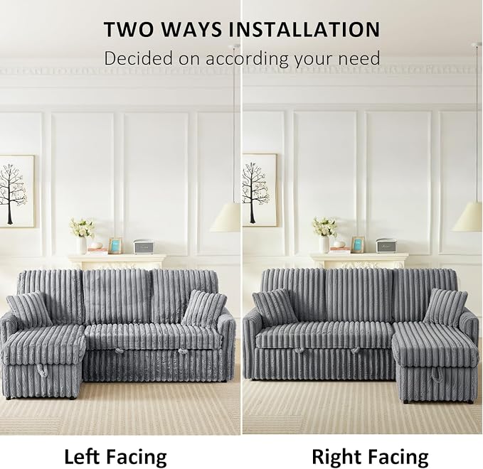 KCGKCG Sleeper Sofa Bed, 81” Pull Out Couch Bed with Reversible Storage Chaise, 3 in 1 L-Shaped Couch with Charging Station, Cup Holder, Side Pocket, Plush Corduroy Couches for Living Room(Light Grey)