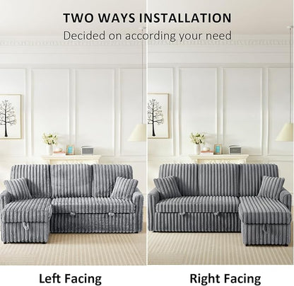 KCGKCG Sleeper Sofa Bed, 81” Pull Out Couch Bed with Reversible Storage Chaise, 3 in 1 L-Shaped Couch with Charging Station, Cup Holder, Side Pocket, Plush Corduroy Couches for Living Room(Light Grey)