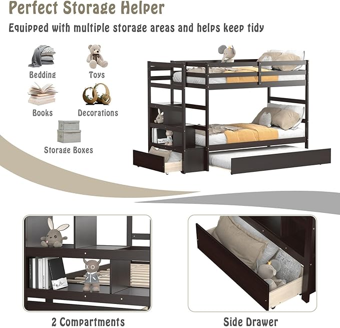 Giantex Twin Over Twin Bunk Bed with Trundle, Solid Wood Bunkbeds with Guard Rail and Storage Stairs, Twin Bunk Bed Frame, Suitable for Kids, Teens, No Box Spring Needed (Espresso)