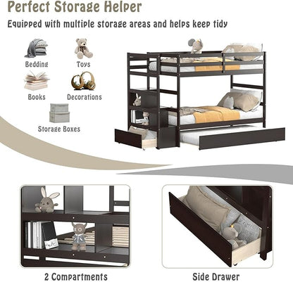 Giantex Twin Over Twin Bunk Bed with Trundle, Solid Wood Bunkbeds with Guard Rail and Storage Stairs, Twin Bunk Bed Frame, Suitable for Kids, Teens, No Box Spring Needed (Espresso)