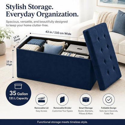 ALASDO 43 Inch Folding Storage Ottoman Bench with Hidden Storage, Velvet Storage Ottoman Foot Rest Stool, End of Bed Bench for Bedroom, Living Room, Entryway and Closet, Navy Blue