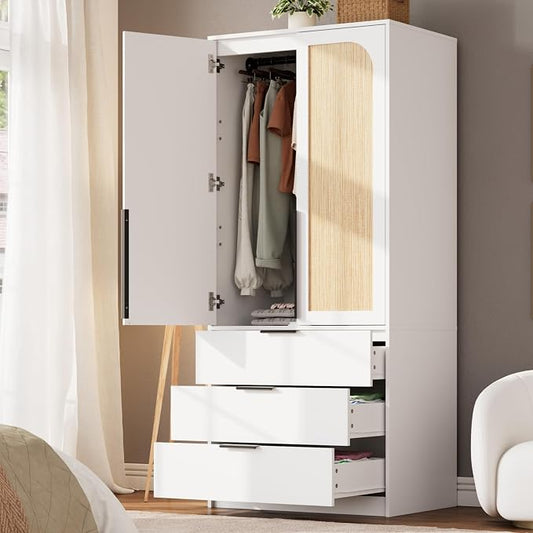 GarveeHome Armoire Wardrobe Closet, 69.5 in Wooden Wardrobe Cabinet with 3 Drawers, Hanging Rod, 2 Doors Clothing Storage Cabinet for Bedroom, Large Capacity Storage, Rattan Door, White