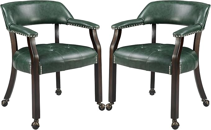 LEEMTORIG Set of 2 Large Dining Chairs with Casters and Arms, Rolling Dining Chairs with Wheels, Game Poker Chairs, Boss Caption's Chairs, 26" Dx25.2 Wx31.5 H, Espresso Legs & Green PU, XXY-1910-GN