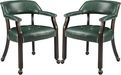 LEEMTORIG Set of 2 Large Dining Chairs with Casters and Arms, Rolling Dining Chairs with Wheels, Game Poker Chairs, Boss Caption's Chairs, 26" Dx25.2 Wx31.5 H, Espresso Legs & Green PU, XXY-1910-GN