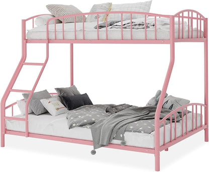 GarveeHome Metal Bunk Bed Twin Over Full, Heavy Duty Bunkbeds Frame with Arched Guardrail and Safety Ladder, Sturdy Steel Bed for Kids Boys Girls, Space-Saving, No Box Spring Needed, Pink