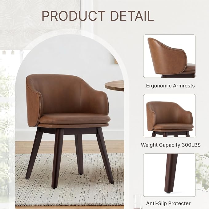 KISLOT Wooden Dining Chairs Set of 4, Faux Leather Barrel Upholstered Modern Dining Room Chairs with Soild Wood Leg & Double-Layer Thick Cushion for Restaurant, Kitchen, Brown