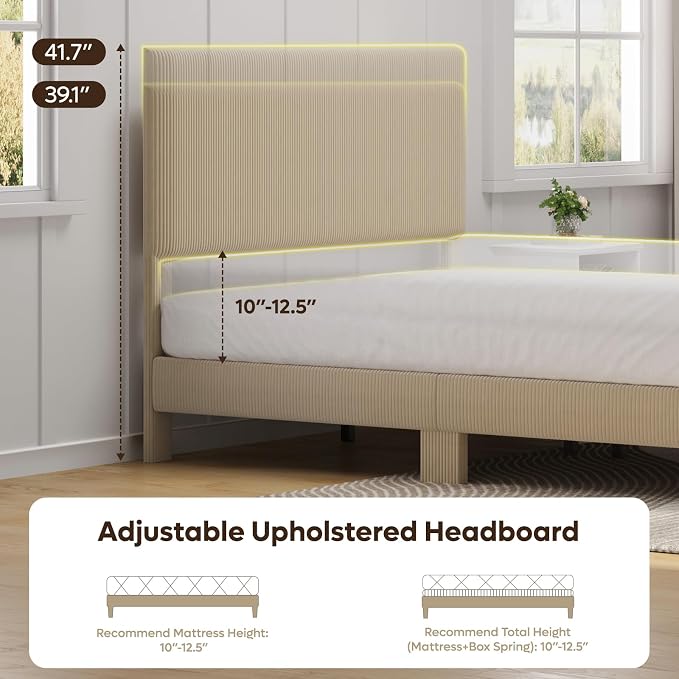 Bestier Queen Size Bed Frame with Headboard LED Lighting,Upholstered,Taupe | Easy Assembly,LED Light Headboard,No Squeaks,Vertical Channel Corduroy Upholstered,Wood Slats Support,No Box Spring Needed