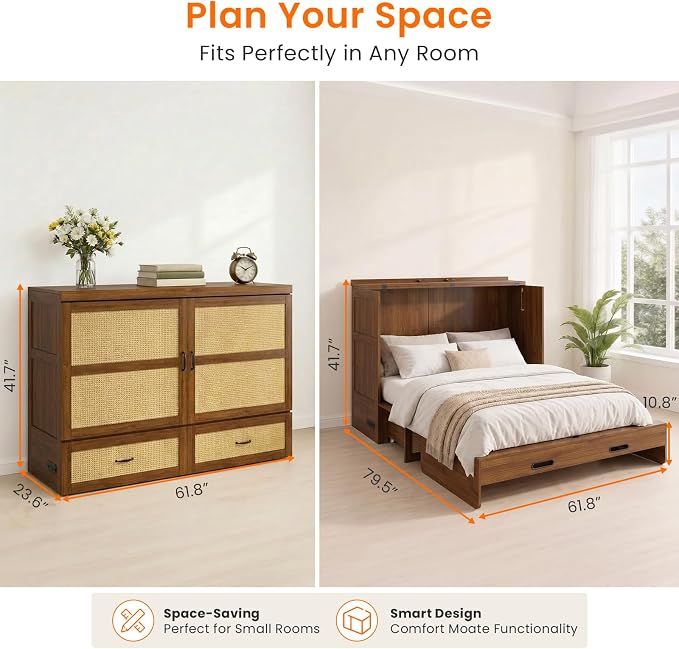 CECER Queen Murphy Bed with Mattress for Guest/Small Space-Black Walnut | Built-in Multi-Port Charging Station ＆ Large Storage Drawer，Space Saving ＆ Easy Assemble and Conversion
