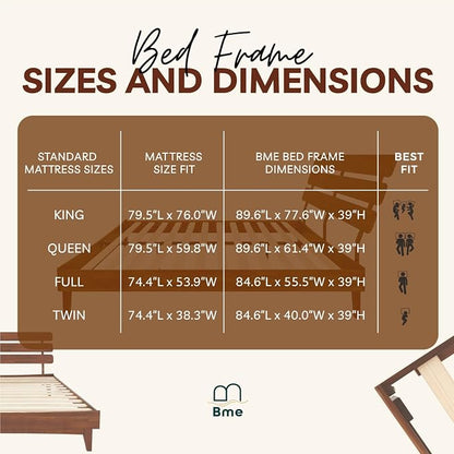 Bme Caden 15 Inch Deluxe Bed Frame with Adjustable Headboard - Mid Century, Retro Style with Acacia Wood - No Box Spring Needed - 12 Strong Wood Slat Support - Easy Assembly - Dark Chocolate, King