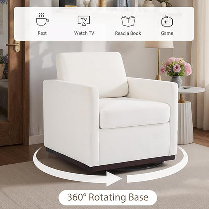 360° Swivel Accent Chair, 31" Wide Upholstered Club Armchairs for Living Room, Comfy Square Swivel Barrel Chair with Metal Base, Chenille Fabric, Beige