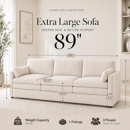 Esright Apartment Cloud Couch, 89-Inch 3-Seat Chenille Sofa, Cream White | Skin-Friendly Fabric, Deep 22" Seat, 2×6.3" Plush Back Pillows, Wood Frame, 800-Lb Support for Studios and Living Rooms