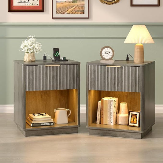 VINGLI Night Stands Set 2 with Charging Station, LED Nightstand Fluted with Rounded Edge, 19" W Mid Century Modern Nightstand for Bedroom, Fluted Night Stand/End Table/Bed Side Table, Grey