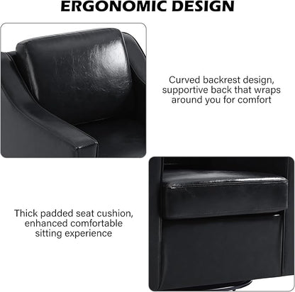 Swivel Accent Chair, Modern Round Barrel Arm Chair for Living Room, Bedroom, Comfy Club Reading Chairs for Adults (Leather Black, Set of 2)