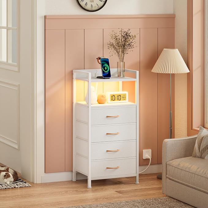 Furnulem White Nightstand with Charging Station, Night Stand Side Table with Led Light, Tall Dresser for Bedroom with 4 Fabric Storage Drawers, Metal Frame, Wood Shelf(White)