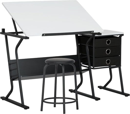 2 Piece Eclipse Ultra Center/Drawing Table with Stool, Angle Adjustable Top, Storage Shelves, and Drawers