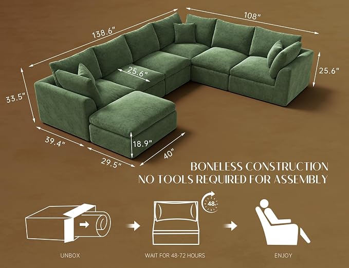 ohllob Oversized Cloud Couches for Living Room, Boneless Sectional Couch with Ottoman, 7 Seater Large Modular Sectional Sofa, Green