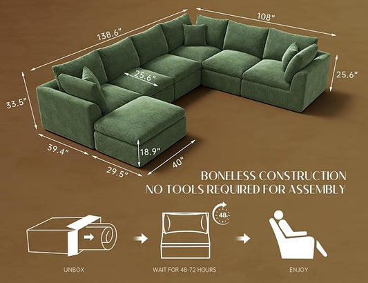 ohllob Oversized Cloud Couches for Living Room, Boneless Sectional Couch with Ottoman, 7 Seater Large Modular Sectional Sofa, Green
