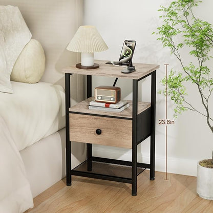 LOAKEKEL Night Stand, Nightstand with Charging Station, Slim Industrial Bedside Table with Fabric Drawer, Small End Table with USB & Type-C Ports for Bedroom, Grey, HETS010GY-1