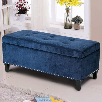 Asense 41" Storage Ottoman Bench, Faux Leather Tufted Upholstered End of Bed Bench with Safety Hinge for Bedroom,Entryway,Living Room,Drak Blue