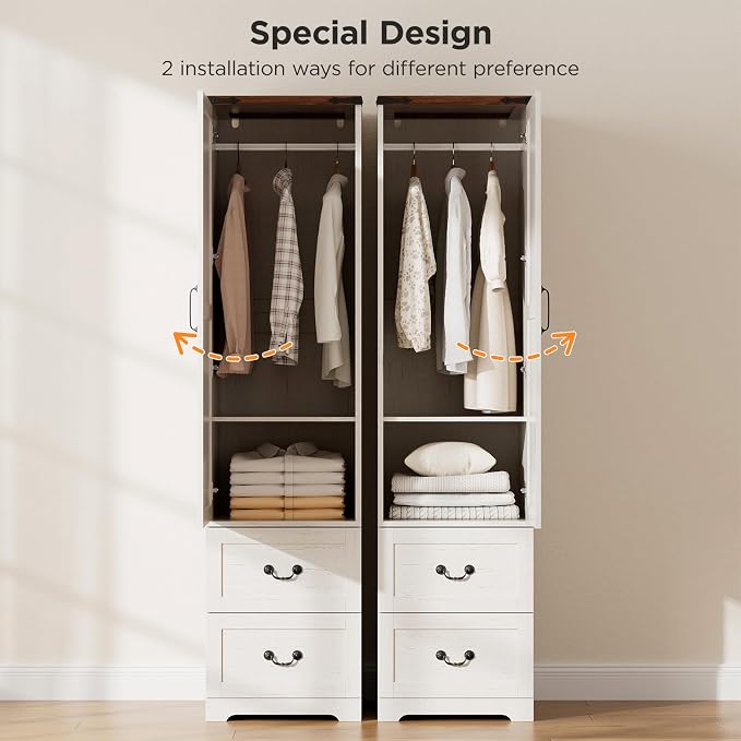 Vabches 71” Tall Farmhouse Armoire Wardrobe Closet, Rustic Narrow Wooden Cabinet for Clothing with Single Door (Reversible Hinge), 2 Large Storage Drawers, Hanging Rod & Adjustable Shelf