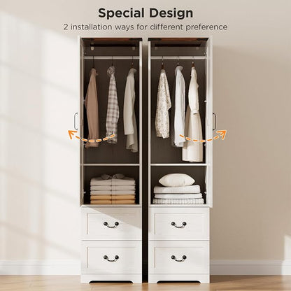 Vabches 71” Tall Farmhouse Armoire Wardrobe Closet, Rustic Narrow Wooden Cabinet for Clothing with Single Door (Reversible Hinge), 2 Large Storage Drawers, Hanging Rod & Adjustable Shelf
