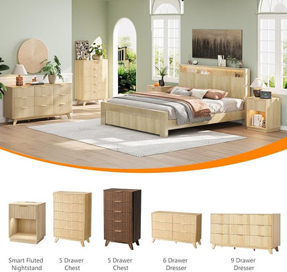 VINGLI Fluted Walnut Dresser 9 Drawer, Dark Wood Dresser Brown with Rounded Edges, 57" Long Mid Century Modern Dressers for Bedroom, 57" W*15.75" D*29.92" H