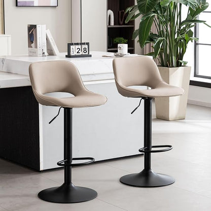 YOUNIKE Bar Stools Set of 2 Compact Modern Swivel Barstools, Adjustable Counter Height Bar Stools Faux Leather Upholstered Bar Chairs with Back for Kitchen Island, Khaki