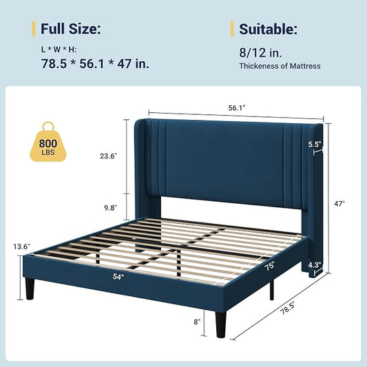 Allewie Full Size Velvet Platform Bed Frame with Vertical Tufted Wingback Headboard, Easy Assembly, Under Bed Storage, No Box Spring Required, Modern Style, Blue