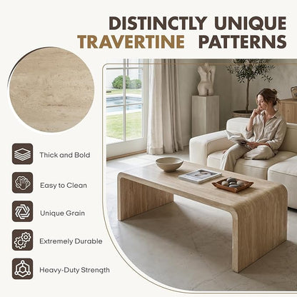 Hyfirm Modern Boho Faux Marble Coffee Table, 47" Travertine Pattern Waterfall Rectangular Center Table in a Scandinavian Style for Living Room with Sturdy Wood Frame, Thick Legs & Easy Assembly