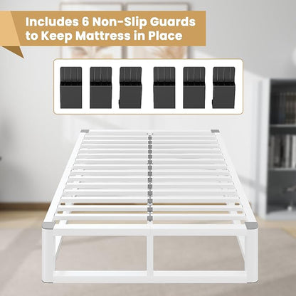 14 Inch King Size Bed Frame with Rounded Corner and Headboard Hole, Metal Platform Bed Frames 6 Non-Slip Guards, 3500lbs Heavy Duty Steel Slat Support, Squeak Free, No Box Spring Needed, White