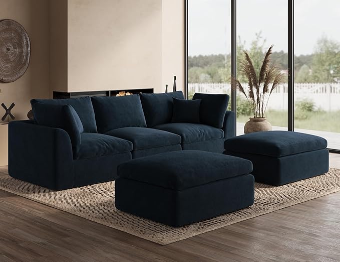 ohllob 110" Cloud Sectional Couches for Living Room, Boneless U Shaped Couch with Ottoman, 3 Seater Modular Sectional Sofa, Dark Blue