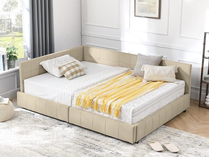 KEIKI Full Size L Shape Corner Bed Frames with 2 Storage Drawer, Backrest and Armrests, Velvet Upholstered Sofa Daybed for Small Room, Living Room, Bedroom, Guest Room, Kids' Room