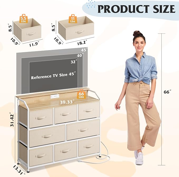 WLIVE Led Dresser for Bedroom, TV Stand for Bedroom with LED Lights and Power Outlet, Wide Chest of Drawers for Hallway, 8 Fabric Drawers for Living Room and Entryway, Cream White