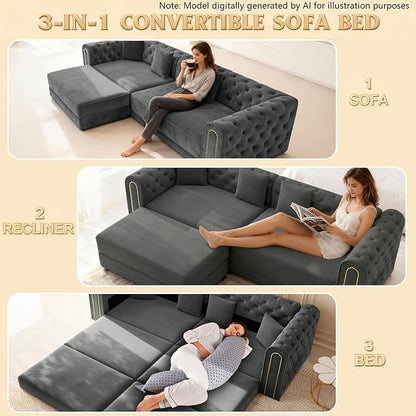 90.6'' Futon Sofa Bed, Chesterfield Velvet Sleeper Sofa, Convertible Floor L-Shaped Couch, Tufted Back, 4 Pillows, Gold Edge Trim, Deep Loveseat Couches for Living Room, Apartment, Gold Grey
