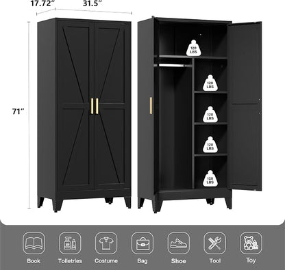 LCAOPC 71" Tall Metal Wardrobe Closet with Adjustable Shelves and Hanging Rod, 2 Doors Office Storage Locker Cabinet for Home, Office, Bedroom, Laundry Room, Black