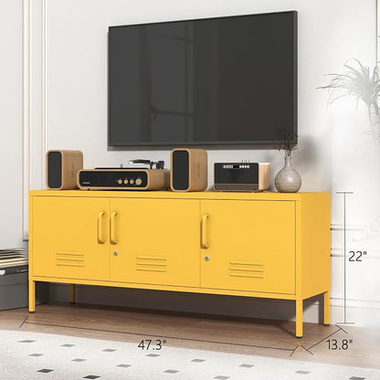 3 Door Lockable Metal TV Stand Storage Cabinet with Accent Cabinet Locker, Wide Heavy Duty Media Console for Large 100+ Inch TVs, Home Office Entertainment Center, Yellow 22"H X 47.3"W X 13.8"D