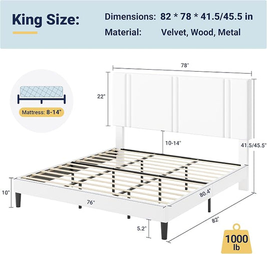 Allewie King Size Platform Bed Frame with Adjustable Headboard, Plush Velvet Upholstered, Vertical Channel Tufted, Sturdy Wooden Slats, No Box Spring Needed, Easy Assembly, White
