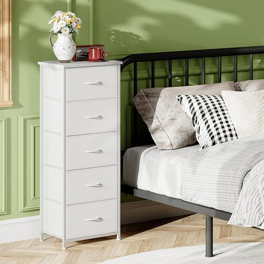 Somdot Tall Dresser for Bedroom with 5 Drawers, Storage Organizer Chest of Drawers with Removable Fabric Bins for Closet Bedside Living Room Laundry Entryway Hallway, White Leather