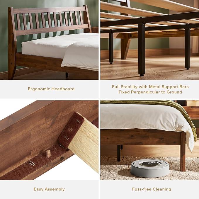 mopio Ted Bed Frame with Headboard, Mid Century Modern Acacia Solid Wood Platform Bed Frame, Wooden Slats, No Box Spring, Double Metal Bar Support (Solid Wood, King (U.S. Standard))