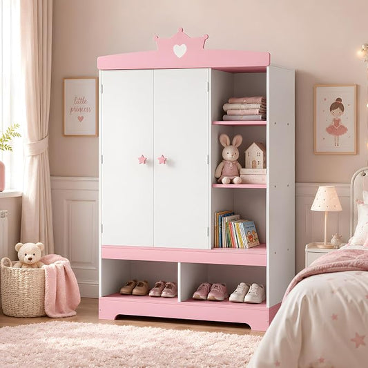 Kids Dress Up Storage with Hidden Jewelry Armoire, Wooden Princess Pretend Play Closet Wardobe Center with Mirror, Toddler Armoire Organizer with Hanging Area & Shoe Cubbies, Pink/White