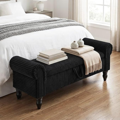 55" Storage Bedroom Bench for End of Bed, Storage Ottoman with Rolled Arms for Bedroom, Living Room, Entryway (Black)