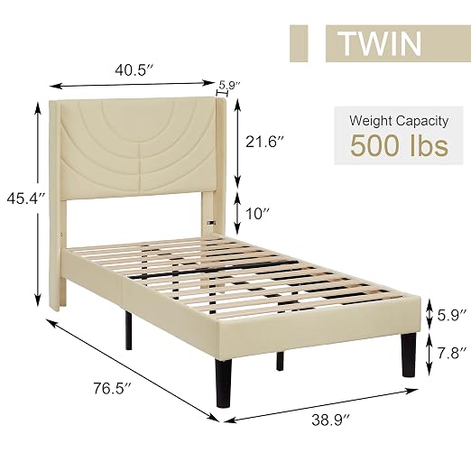 VECELO Twin Size Bed Frame Upholstered Platform with Wave Fabric Headboard/Wooden Slats Support/No Box Spring Needed/Mattress Foundation,Beige