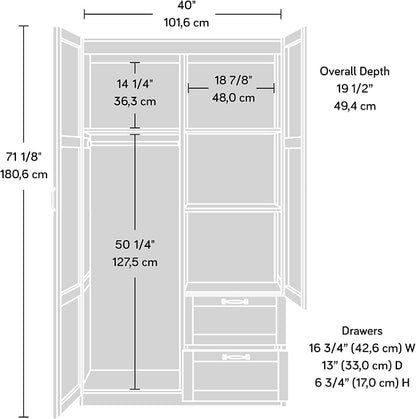 Sauder Select Multipurpose Bedroom Armoire Wardrobe Closet Pantry Storage Cabinet with Storage Drawers and Hanging Rail, in Silver Sycamore