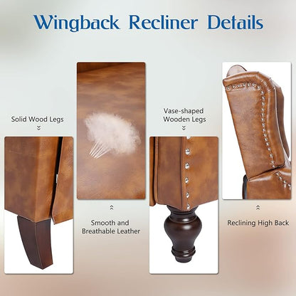 Wingback Recliner Chair with Heat and Massage, PU Leather Push Back Recliner Chair for Living Room, Vintage Wingback Recliner with Remote Control,Padded Cushion,Backrest,Wooden Legs