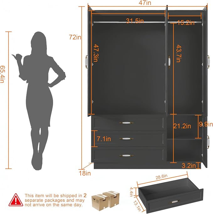 72" Armoire Wardrobe Closet with 3 Door Wooden Bedroom Armoire with LED Light 3 Drawers Large Modern Wardrobe Cabinet with Retro Ceramic Door Handles and Removable Hanging Rod Black